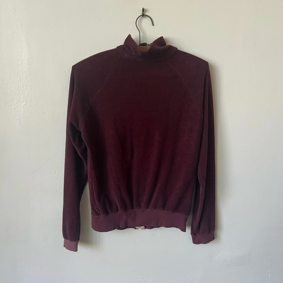 Vintage Velour Burgundy and Tan Track Jacket 1980’s 80’s Velour Sweatshirt - Picture 6 of 8